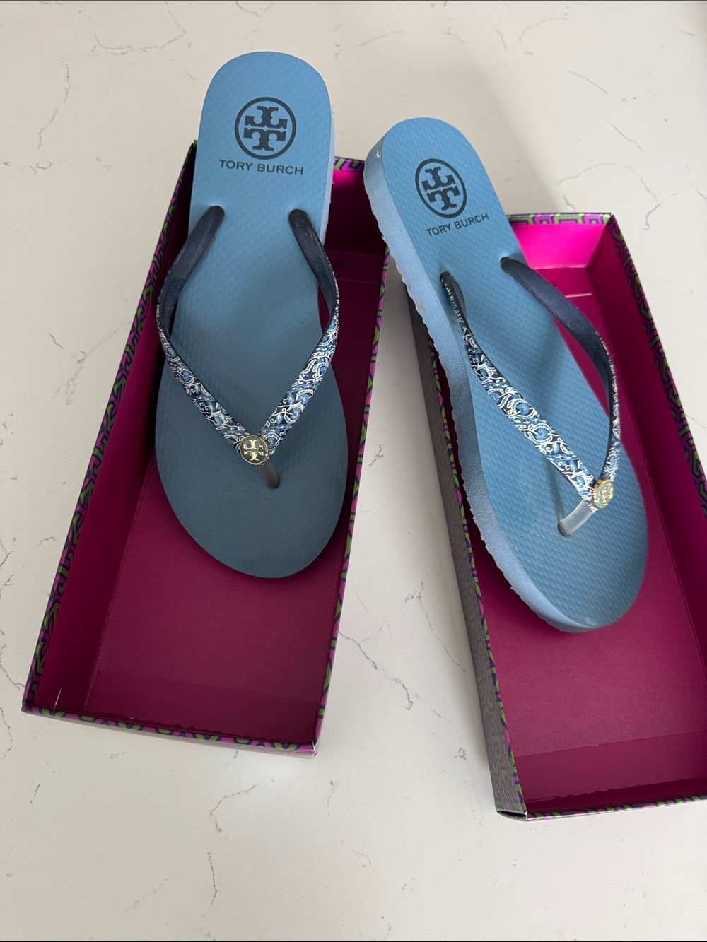 Tory Burch Ellise paisley Light Blue Logo Thong Sandals flip flops